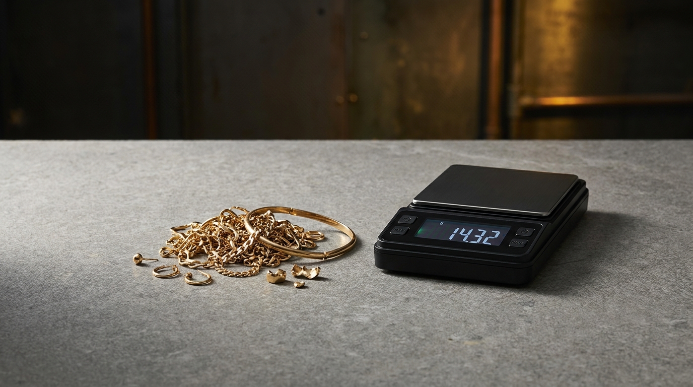 Mixed scrap gold pieces on a dealer counter beside a precision digital scale