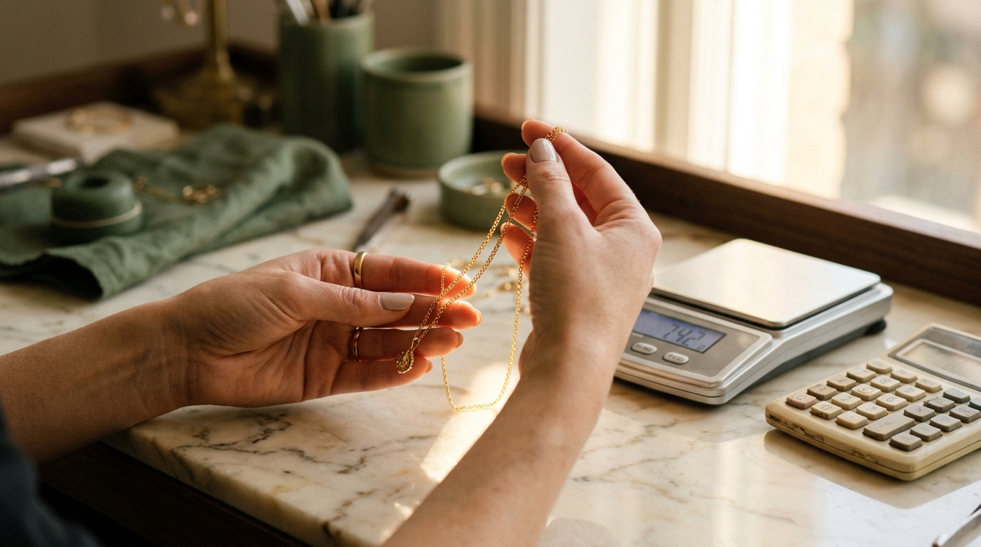 Hands holding gold jewelry next to a digital scale and calculator on a marble surface, lit by warm window light