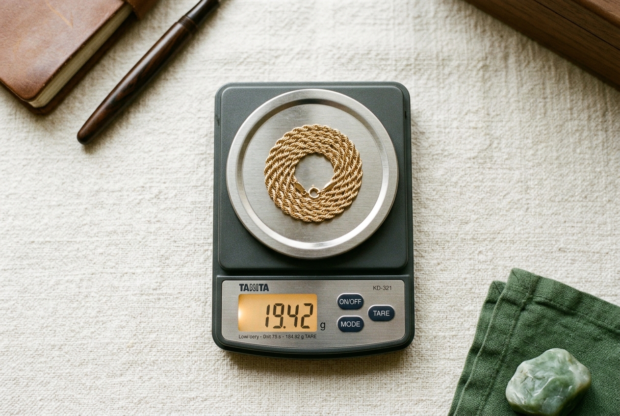 Digital jewelry scale showing 19.42 grams with a gold chain coiled on the weighing surface