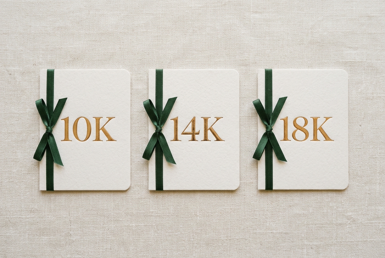 Three small reference cards laid flat on cream paper, each marked 10K, 14K, and 18K in gold-foil typography, photographed in soft natural light