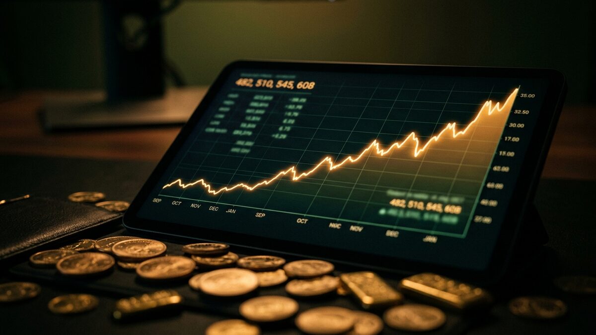 Gold price chart on a tablet screen with coins in the foreground