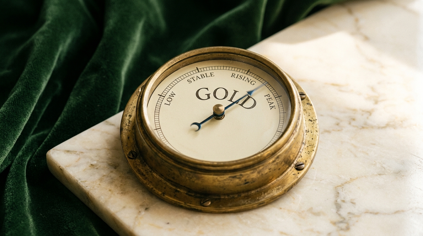 A vintage brass barometer-style dial labeled GOLD on polished cream marble with a soft forest-green velvet drape — editorial market visualization