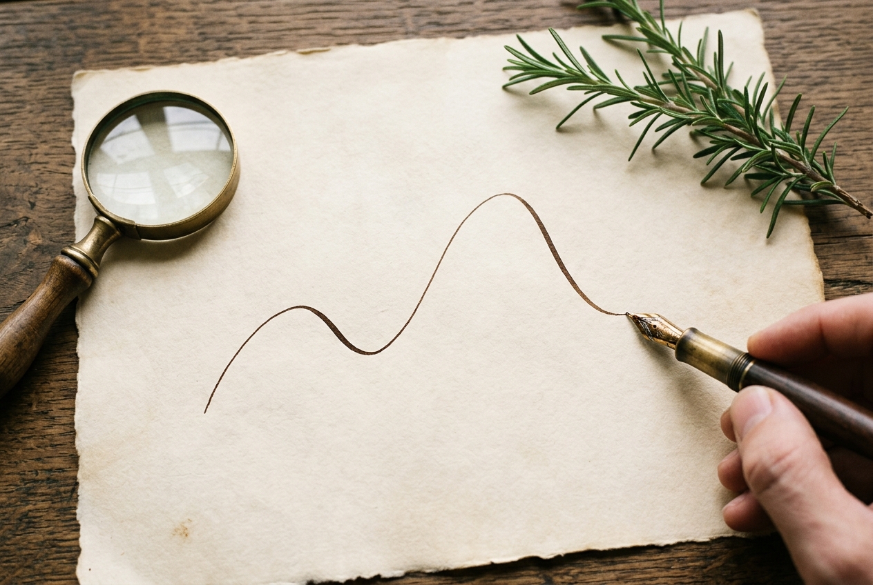 Overhead flat-lay of a brass-tipped fountain pen drawing a single elegant curving line on cream parchment paper, subtly suggesting price oscillation