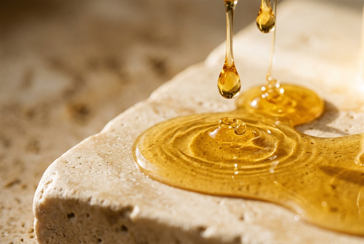 Abstract close-up of golden droplets falling onto a polished cream surface with a faint price-graph reflection, soft warm lighting, shallow depth of field